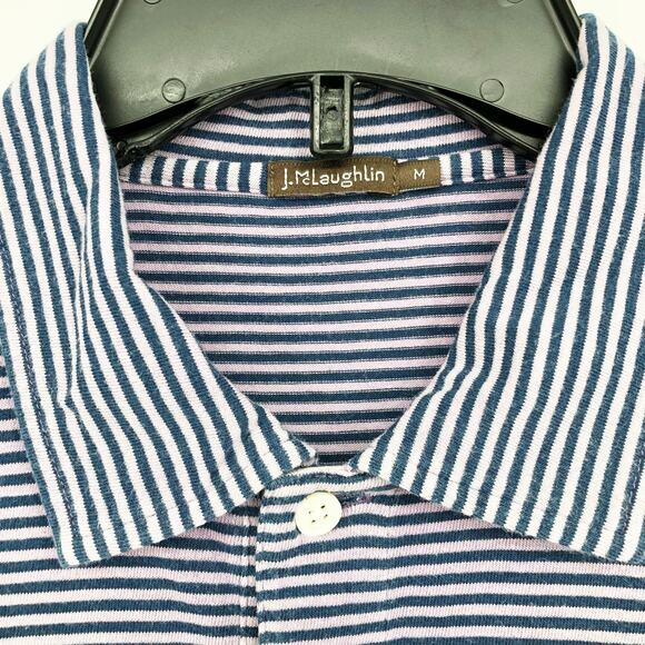 J. McLaughlin Mens Polo Shirt Medium Purple Blue Stripe Collared Short Sleeve - Picture 8 of 9